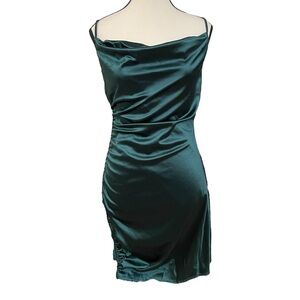 Windsor Deep Green Satin‎ Ruched Spaghetti Strap Mini Dress